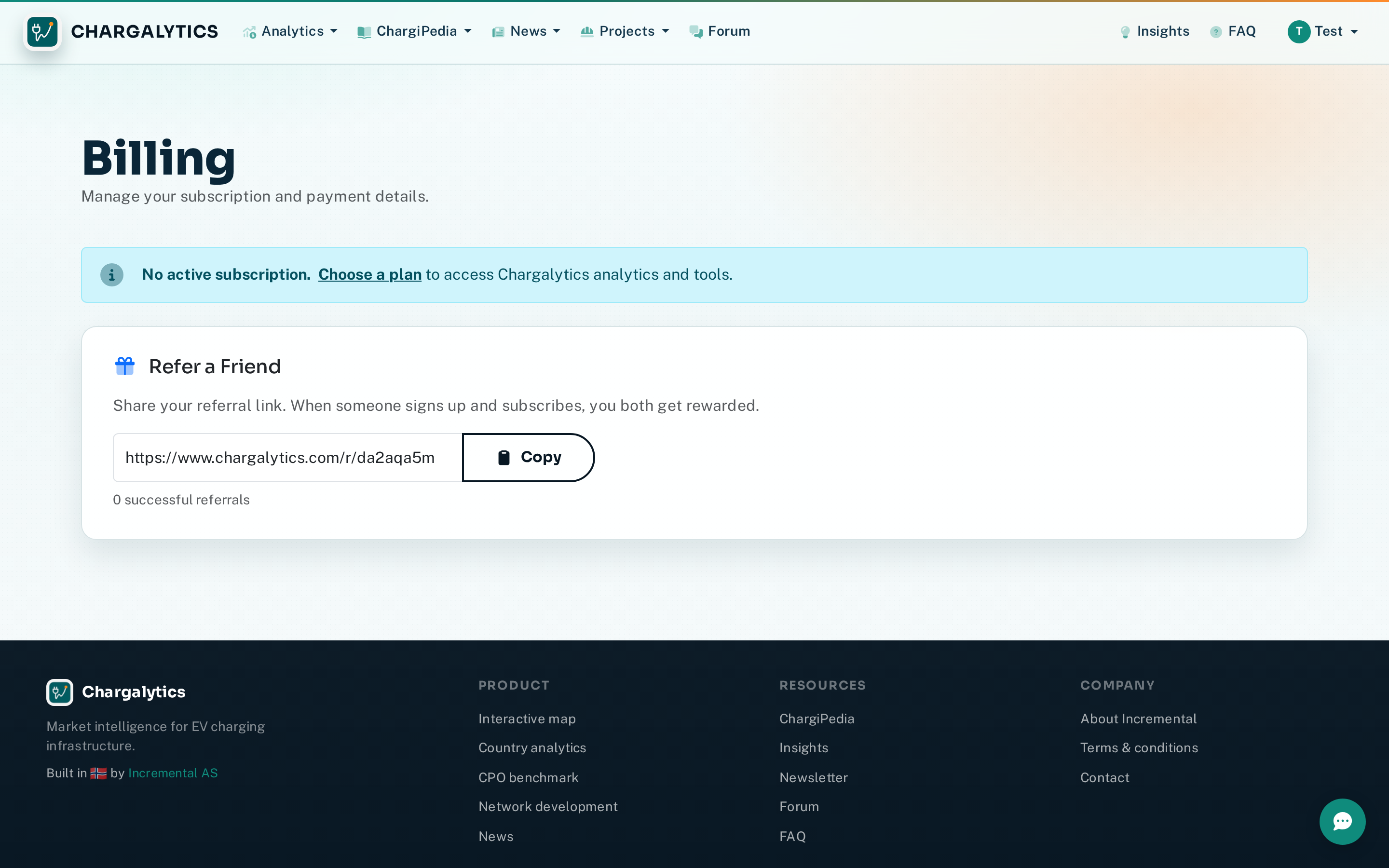 Billing dashboard showing subscription status, payment history, and referral link