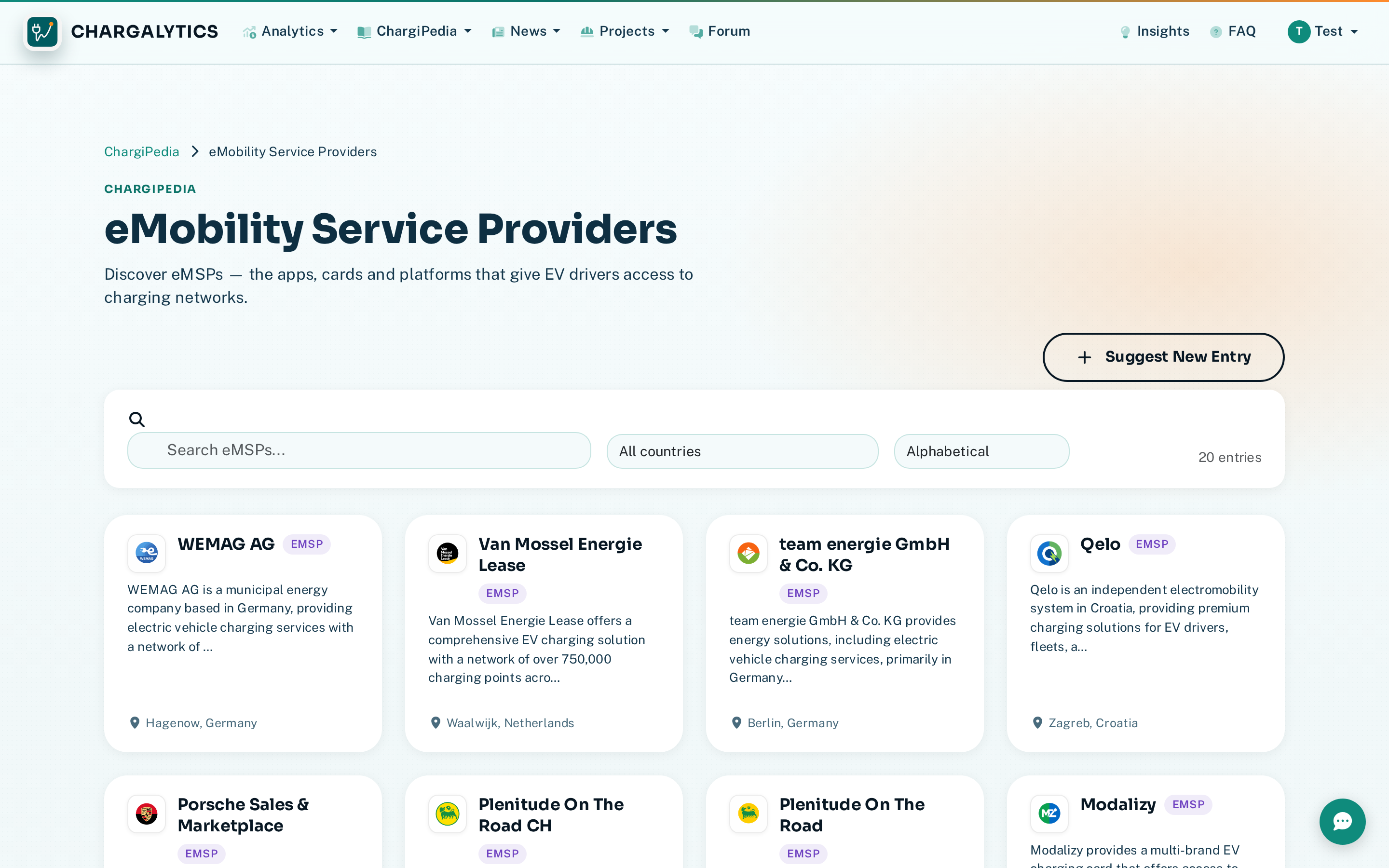 eMSP directory showing mobility service providers
