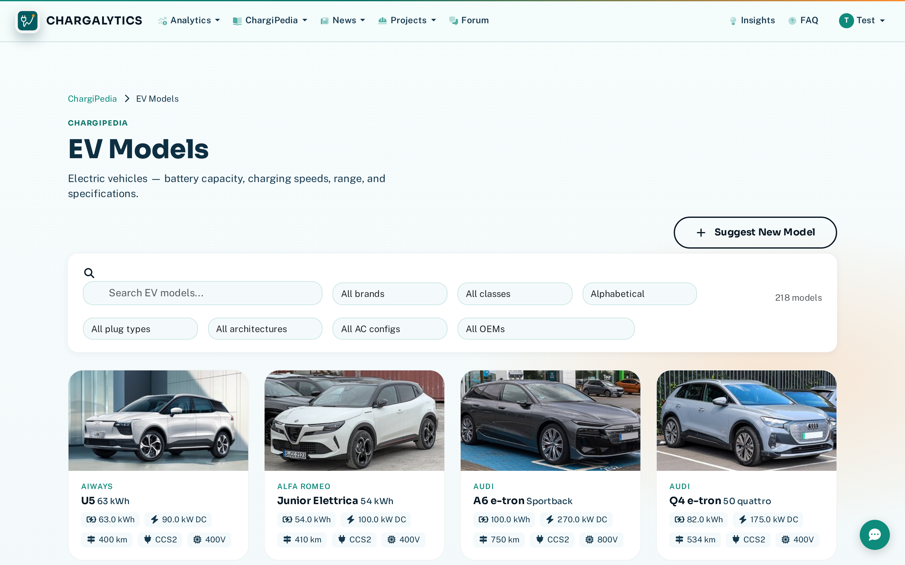 EV models catalogue showing vehicle cards with specs