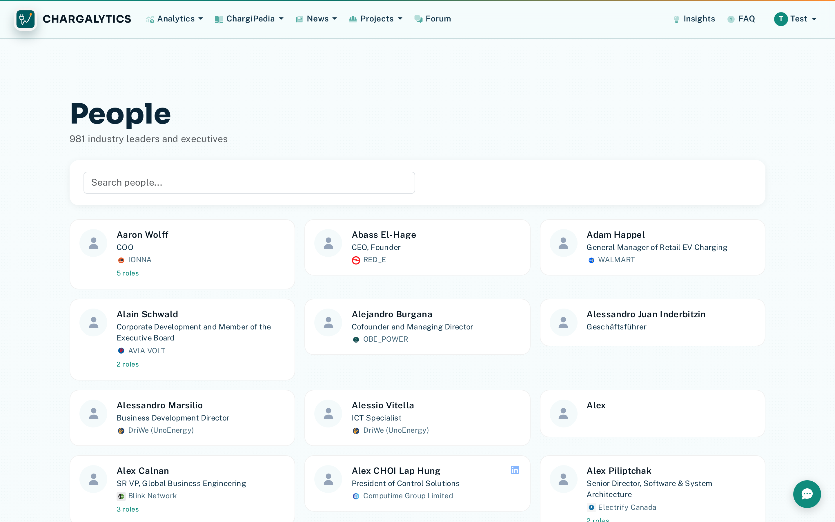 People directory showing industry executives and their career timelines