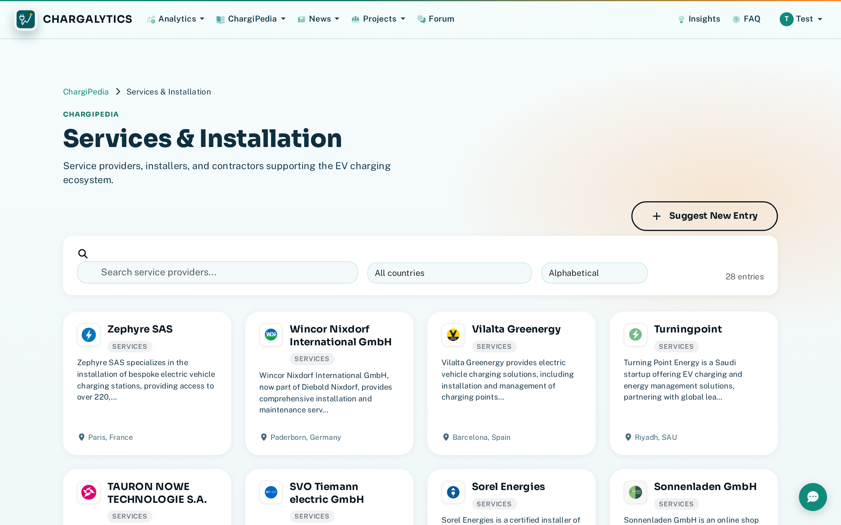 Services directory showing installers, electricians, and consultancies
