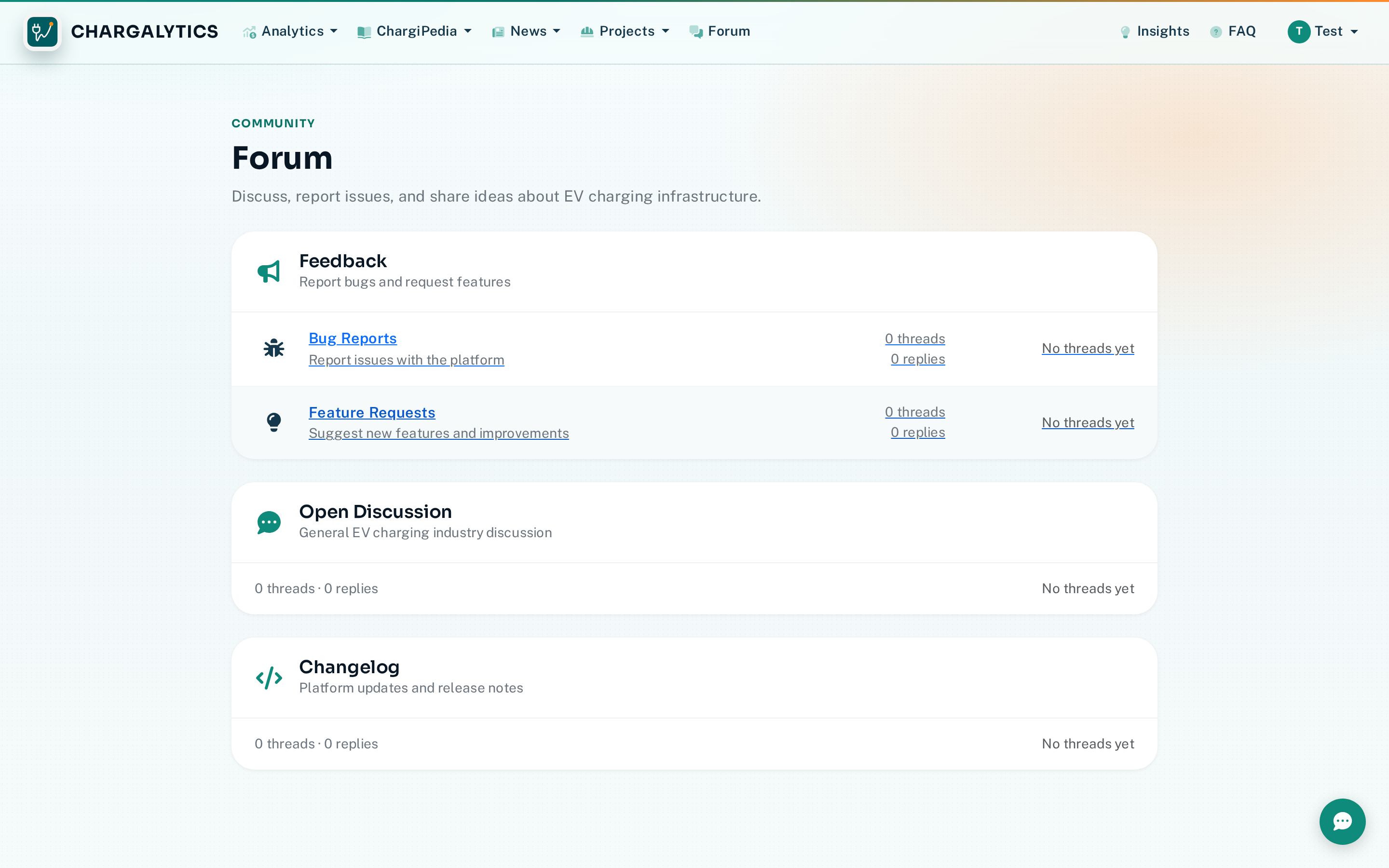 Forum page showing Feedback, Open Discussion, and Changelog categories