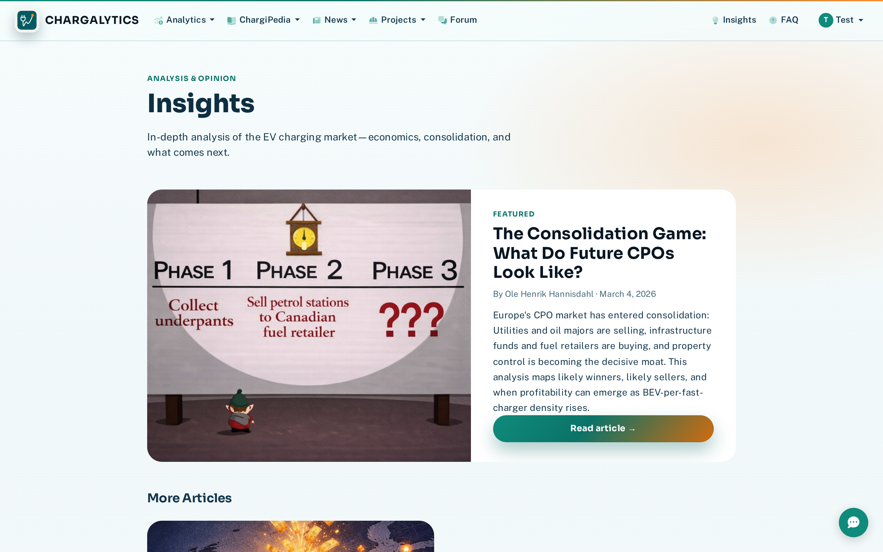 Insights page showing original analysis articles on the EV charging market