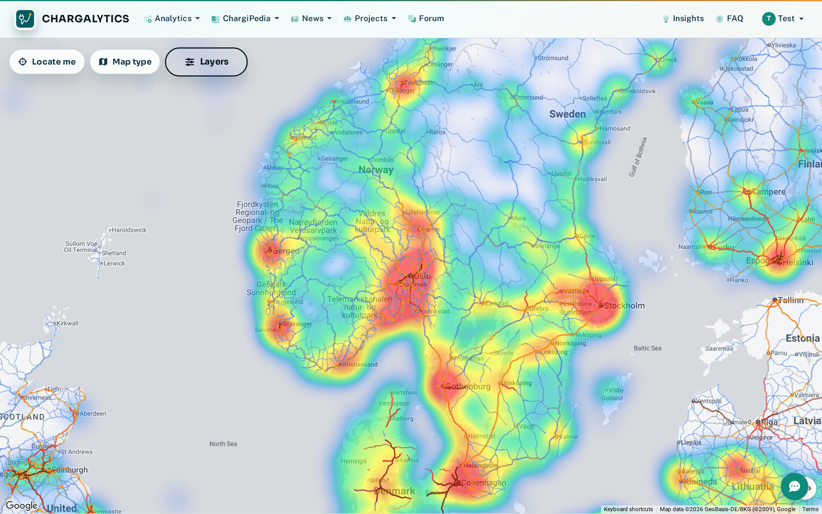 Interactive map showing charging stations across Northern Europe