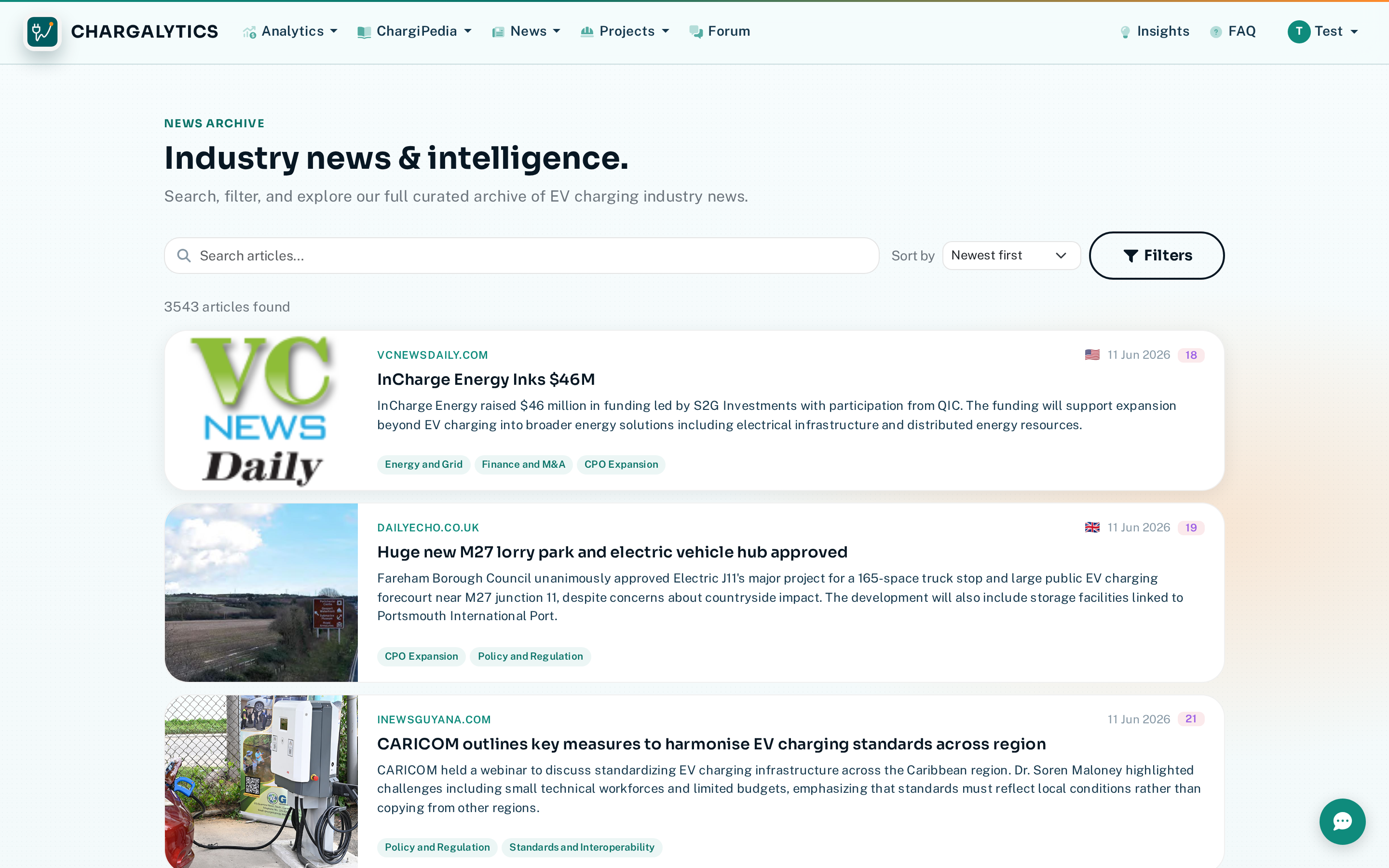 News archive showing curated EV charging industry articles