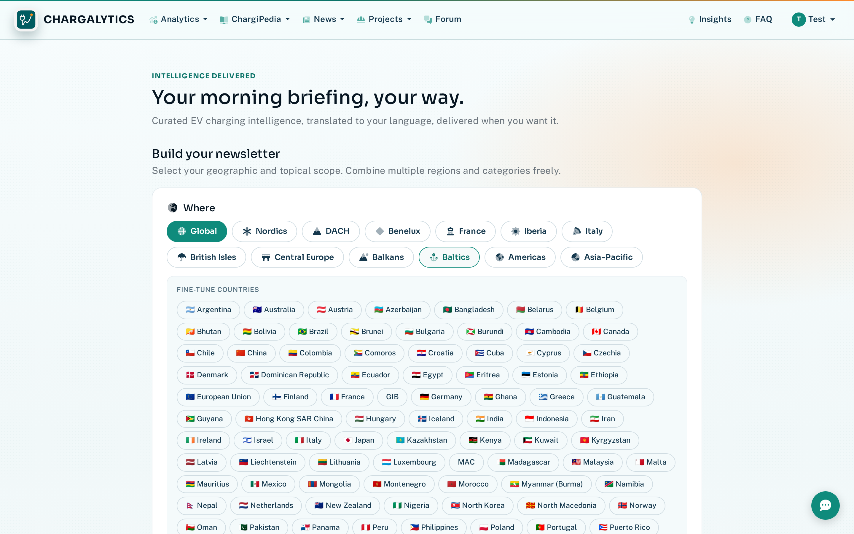 Newsletter configuration page with preset briefings