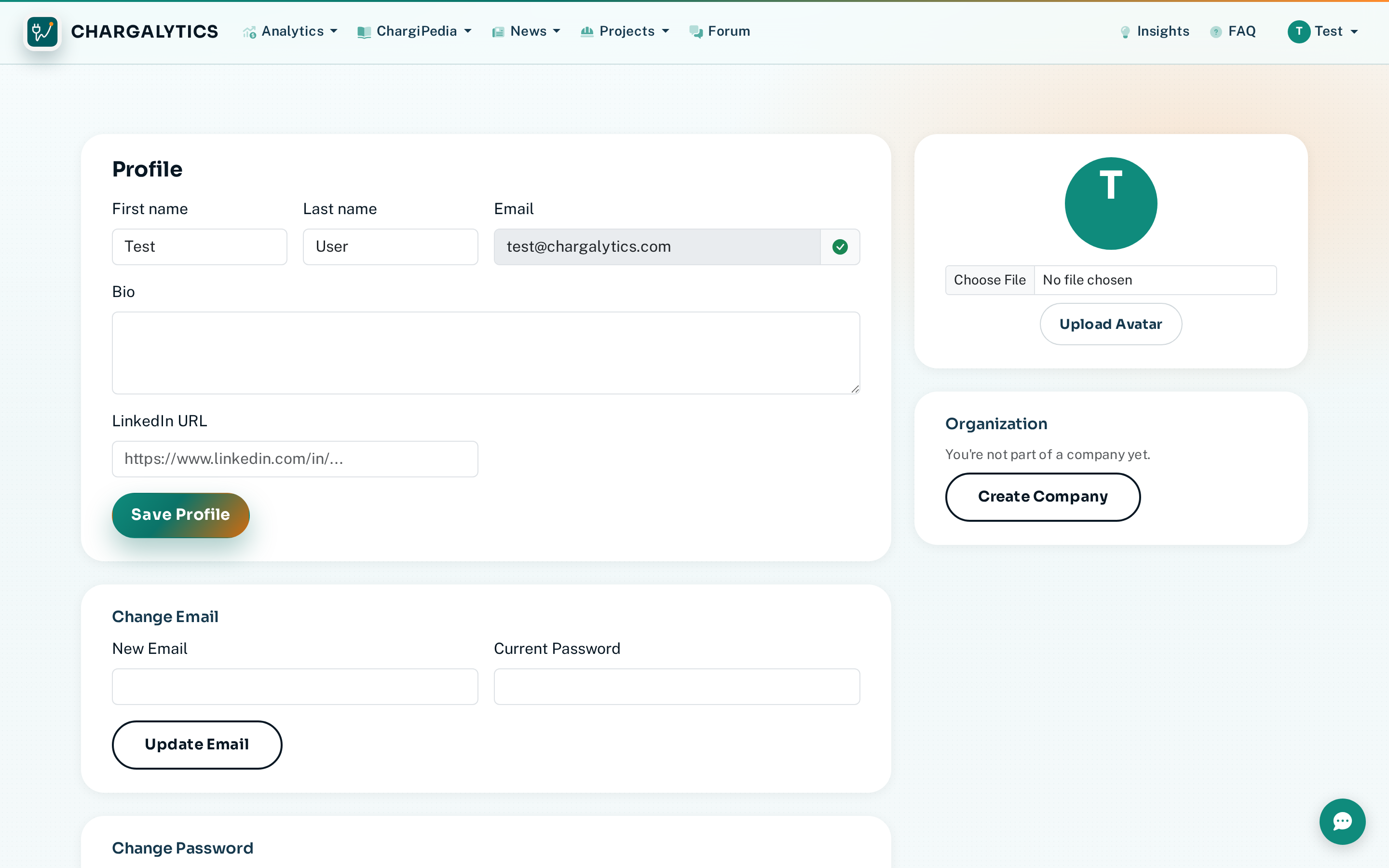 Profile page showing name, email, bio, avatar, and organisation