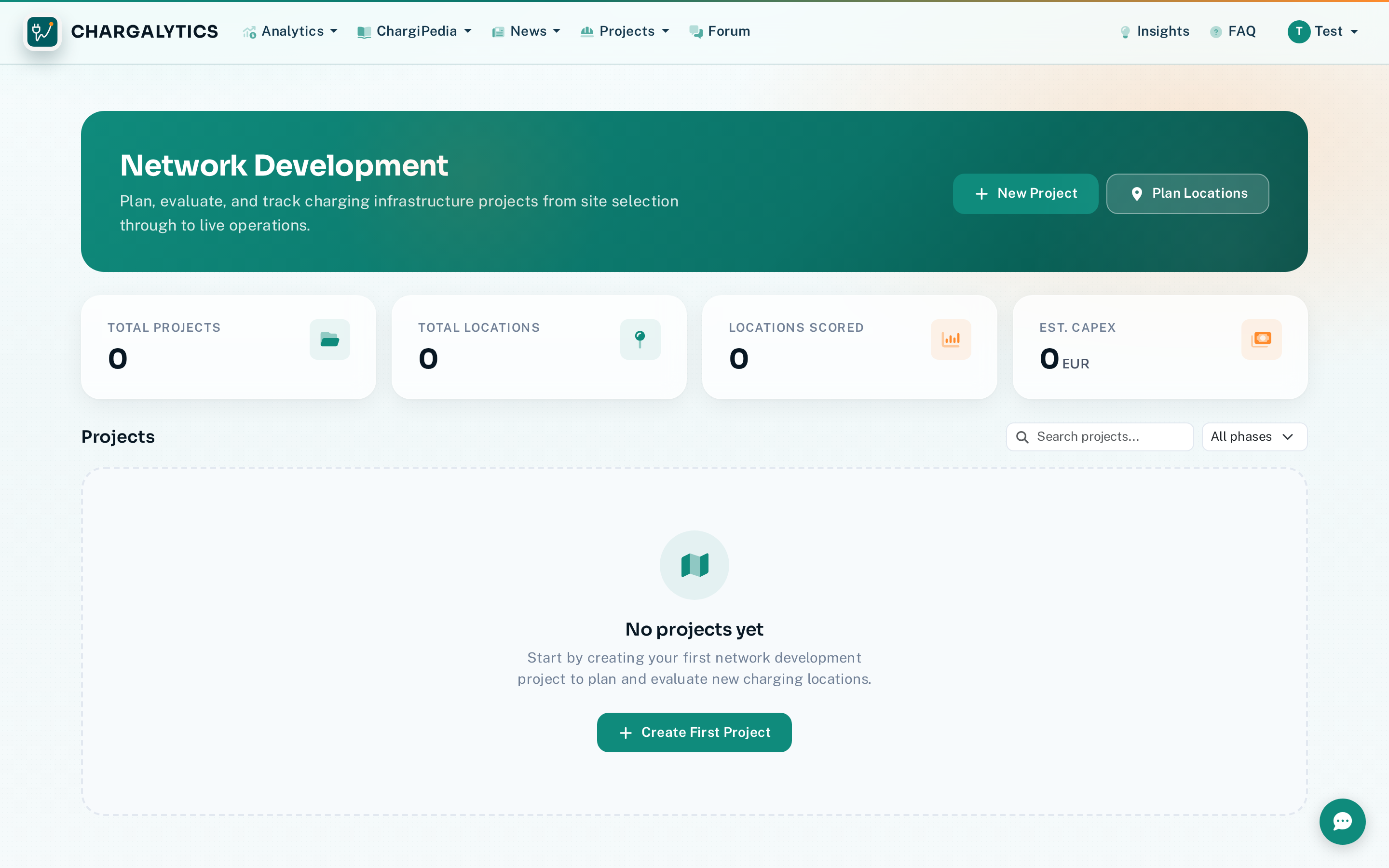 Projects dashboard with KPI cards, project list, and filtering