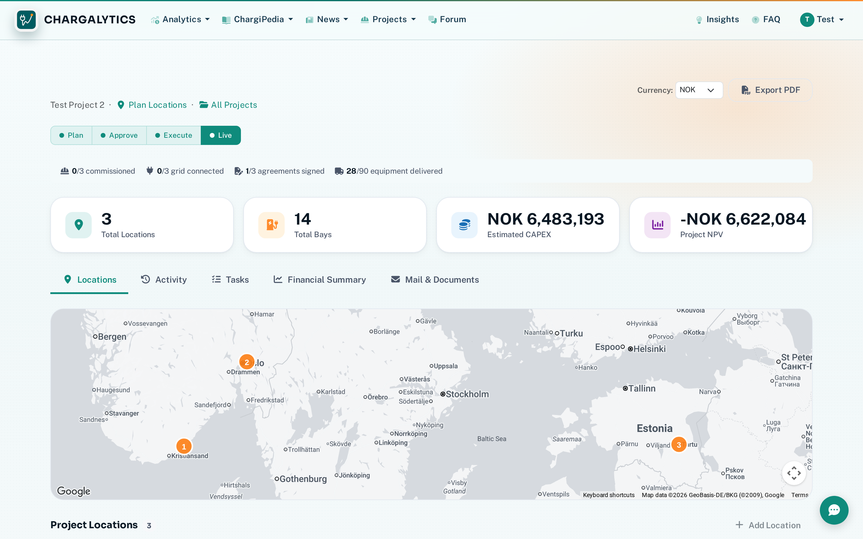 Project detail page with map, location cards, and phase progression