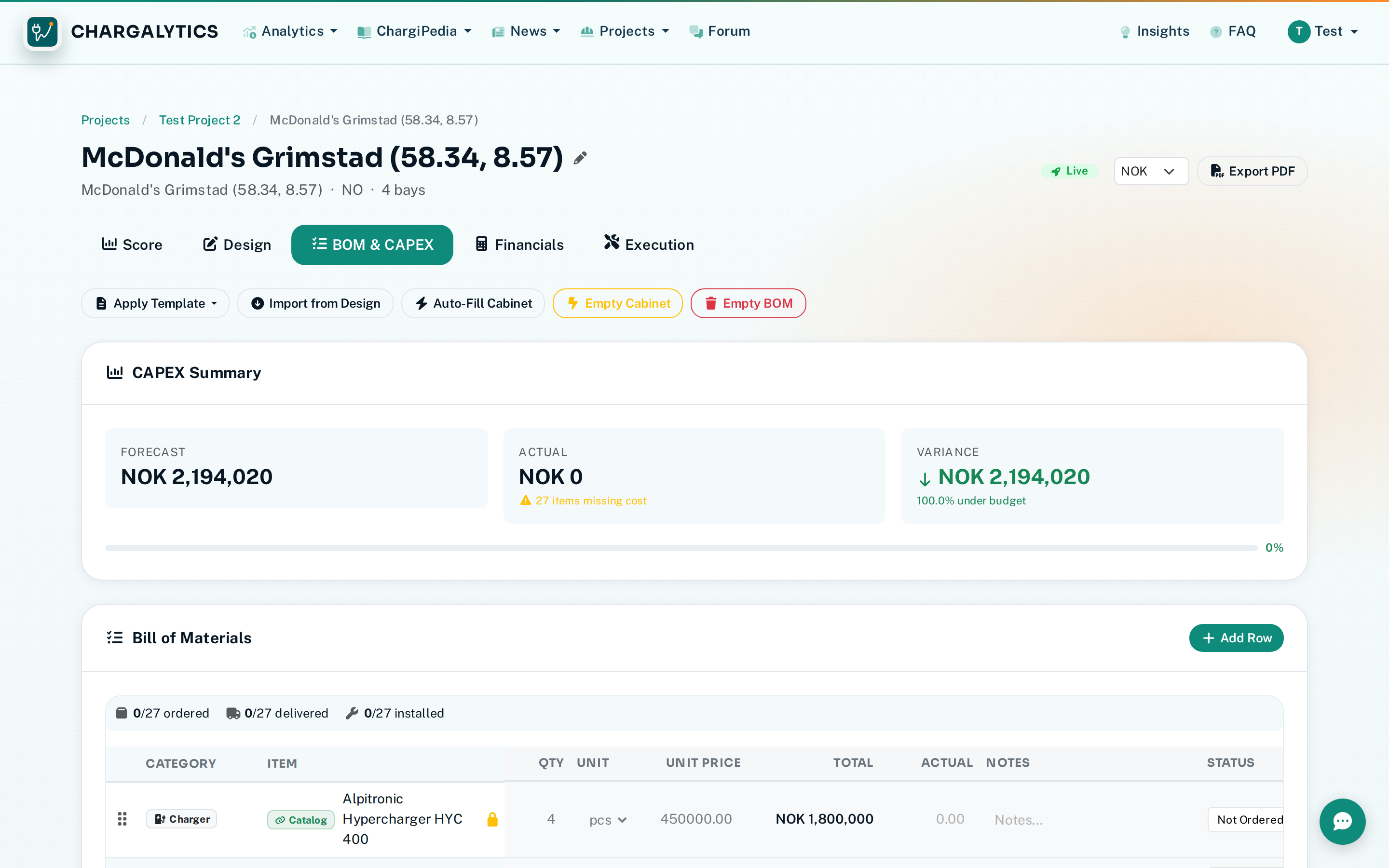 Bill of materials showing equipment, custom items, and pricing