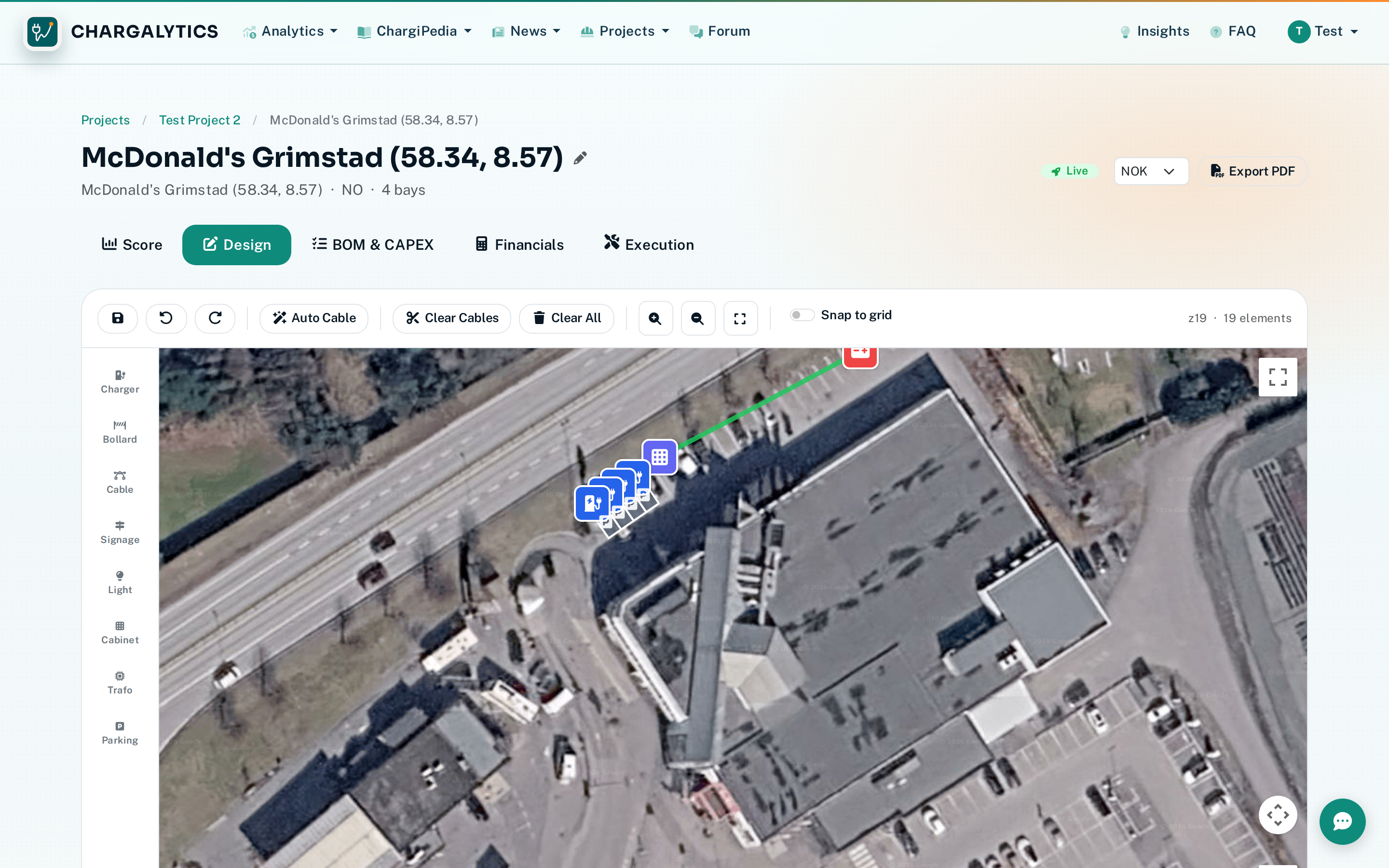 Site design canvas with charger placement and versioning