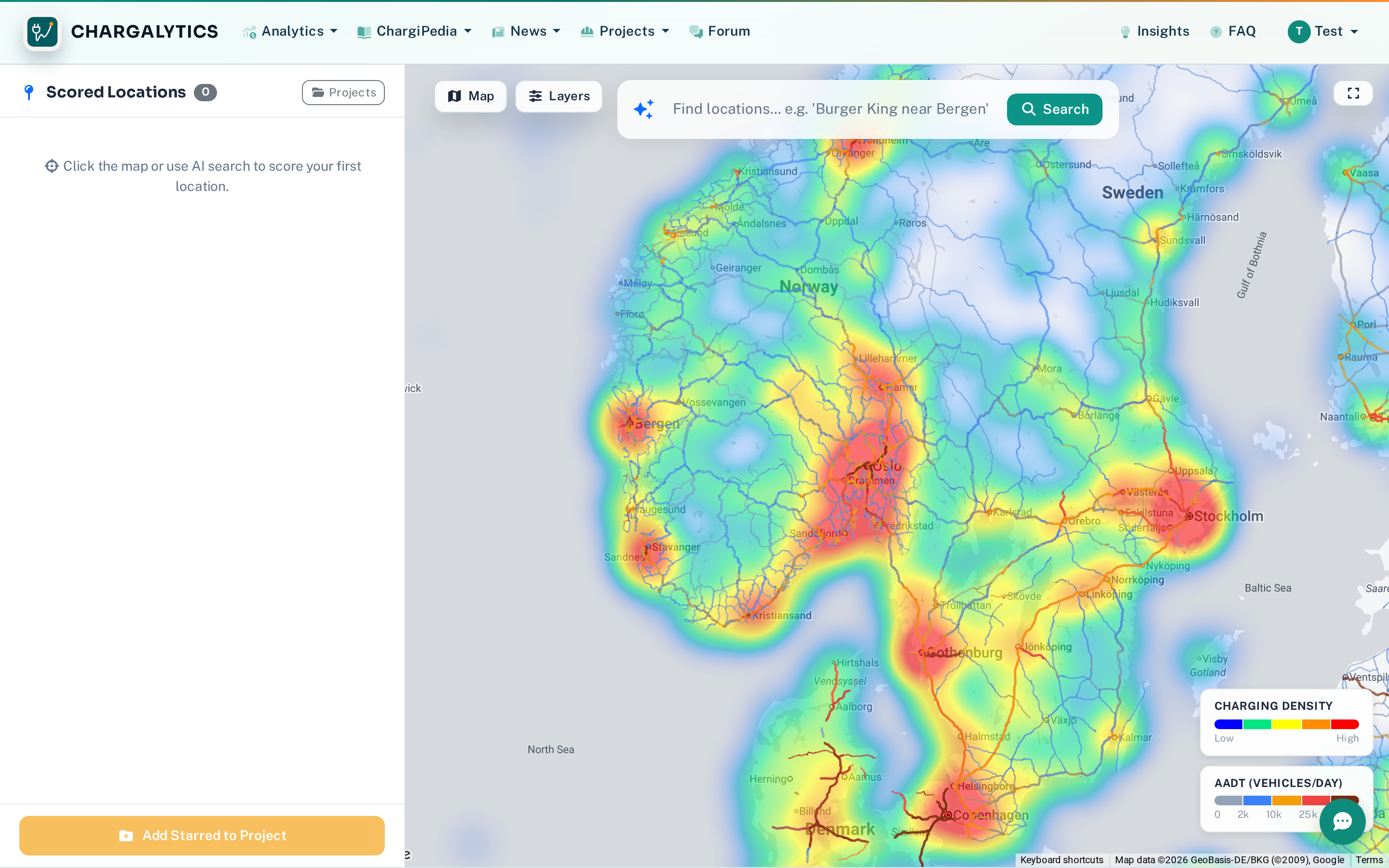 Location planning map with AI search, traffic heatmap, and station density overlay