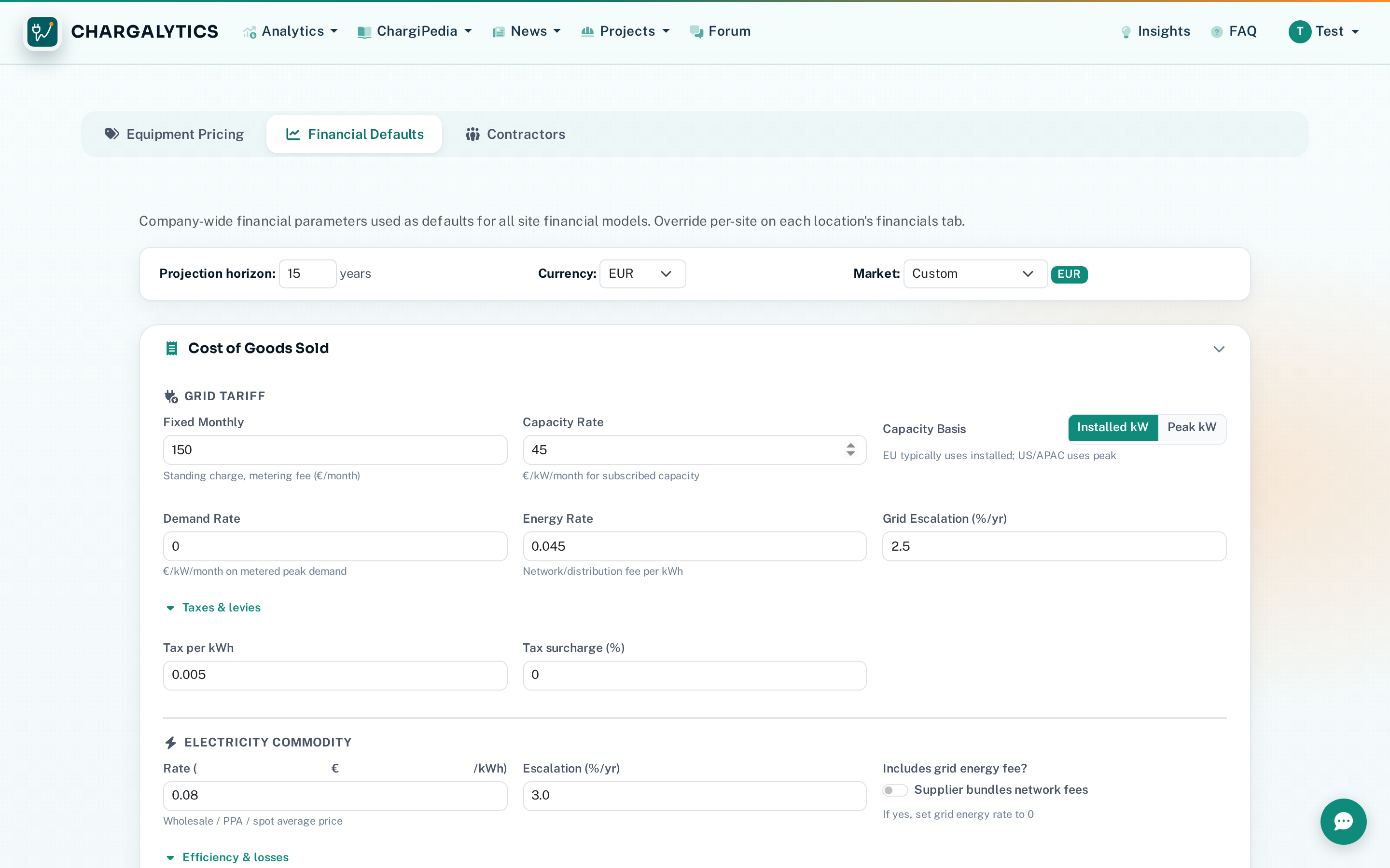 Financial defaults settings for COGS, revenue, and other costs