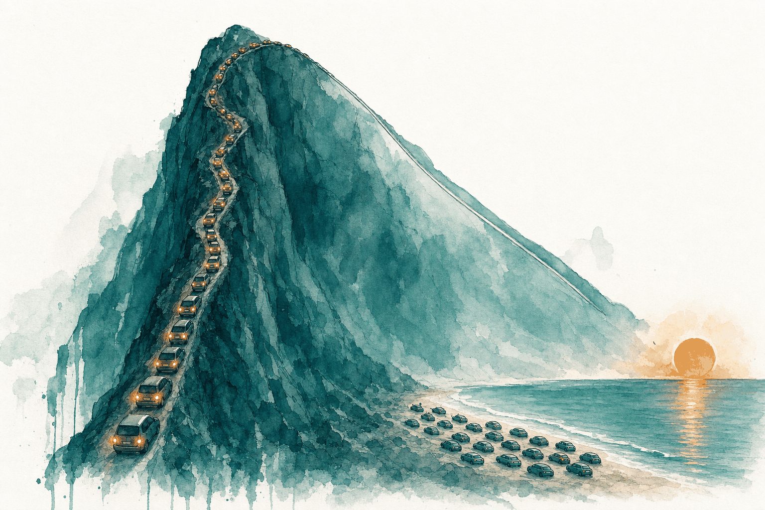 A mountain with one side: a queue of cars climbs the steep face, then the road runs down to a beach where the same cars sit parked