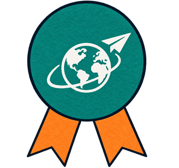 Award badge: paper plane around a globe