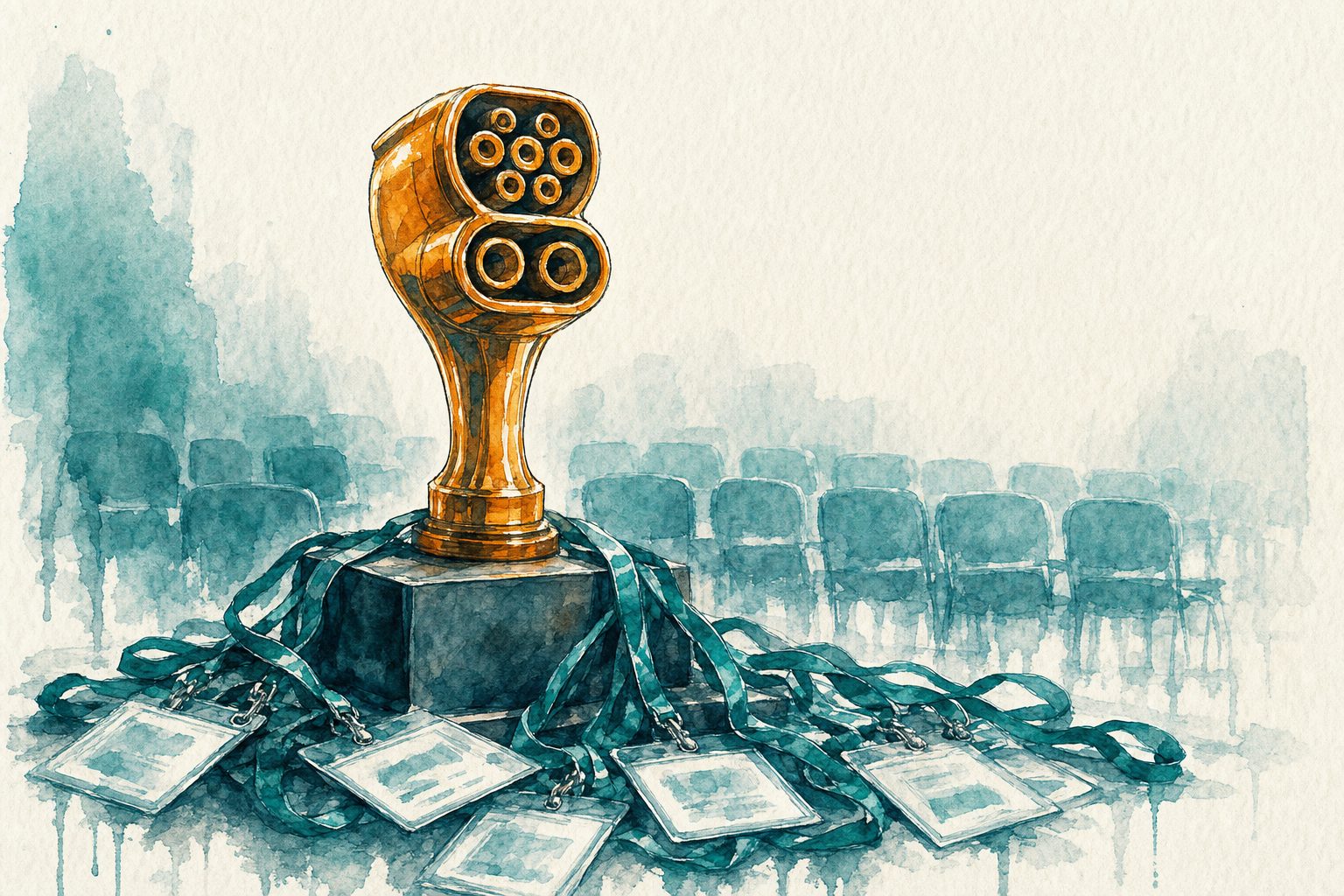 Watercolour of an award trophy shaped like a charging connector, draped in conference lanyards