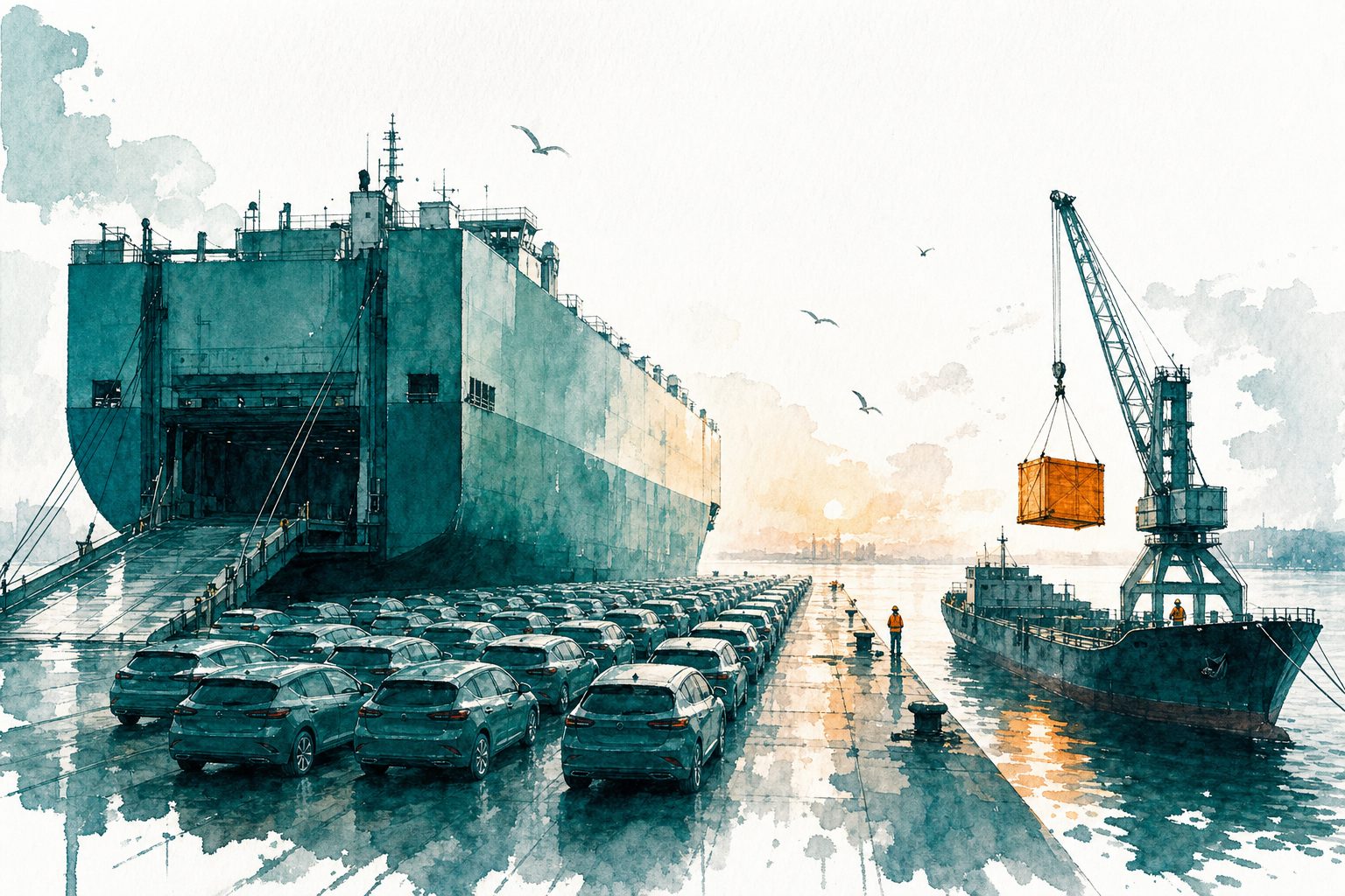 Watercolour of a harbour quay at dawn: a huge car carrier unloading rows of new cars on the left, and on the right a crane lifting a single amber crate off a small cargo ship