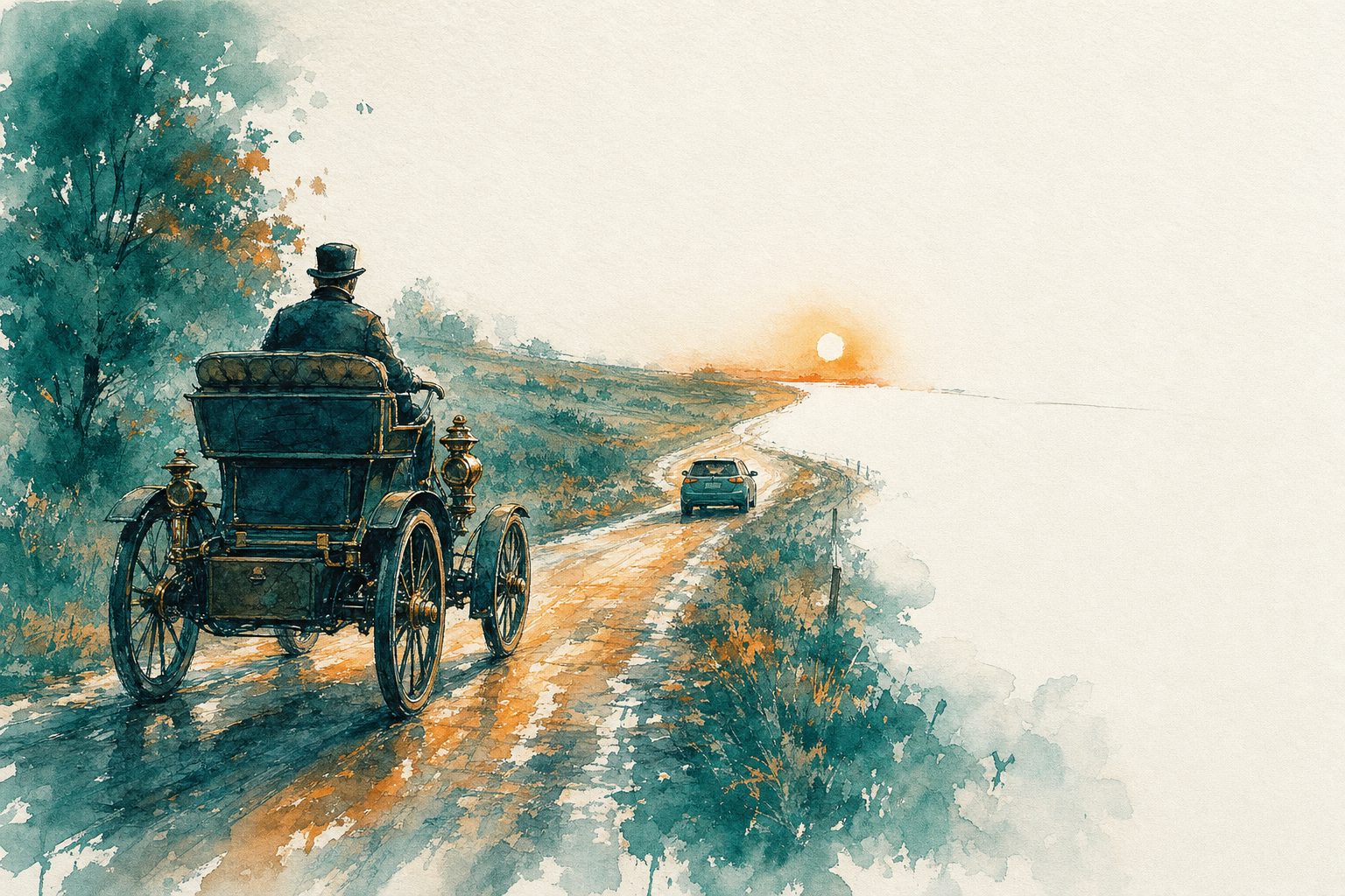 Watercolour of a long road: an electric carriage from 1900 in the foreground, a modern car further on, and the road fading into unpainted paper at the horizon under an amber sun