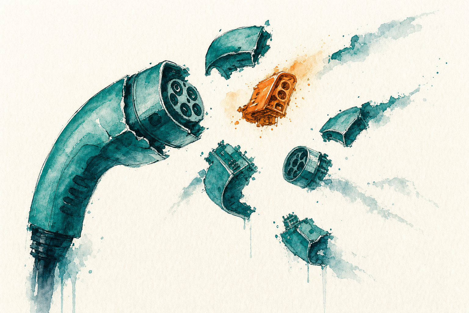 Watercolour illustration of a teal charging connector coming apart into drifting fragments, one glowing amber