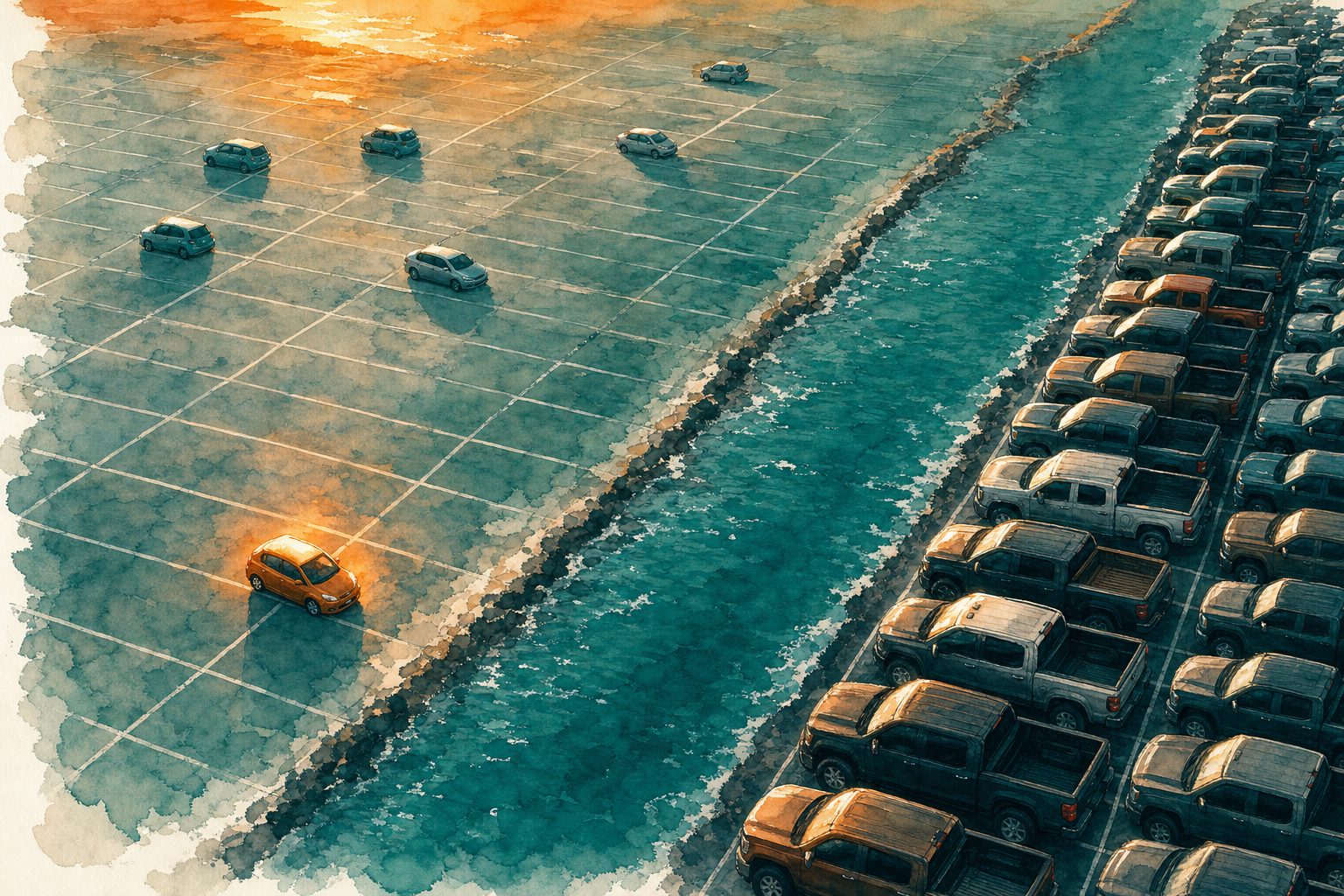 Watercolour of a car park split by a strip of sea: a few small cars in rows of empty bays on one side, one of them amber, and bays packed with pickups on the other