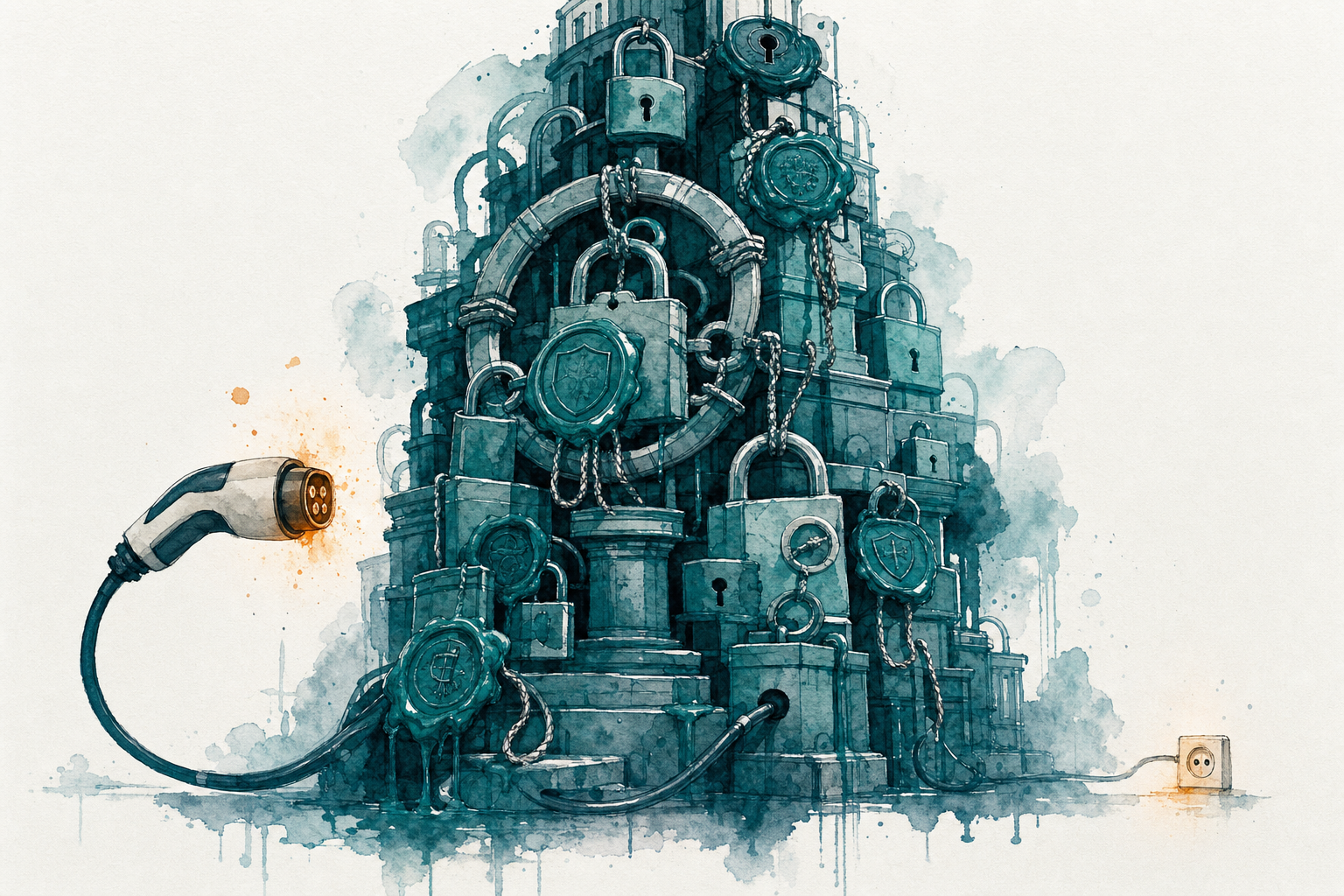 Watercolour illustration: a charging cable threading toward a small socket past a towering fortress of padlocks and wax seals