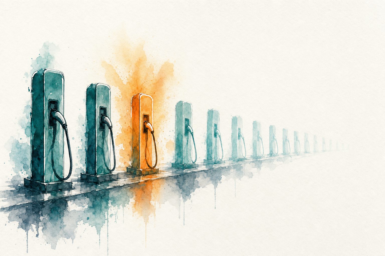 Watercolour illustration: a receding row of EV charging posts, the third glowing amber, the rest fading to pale teal.