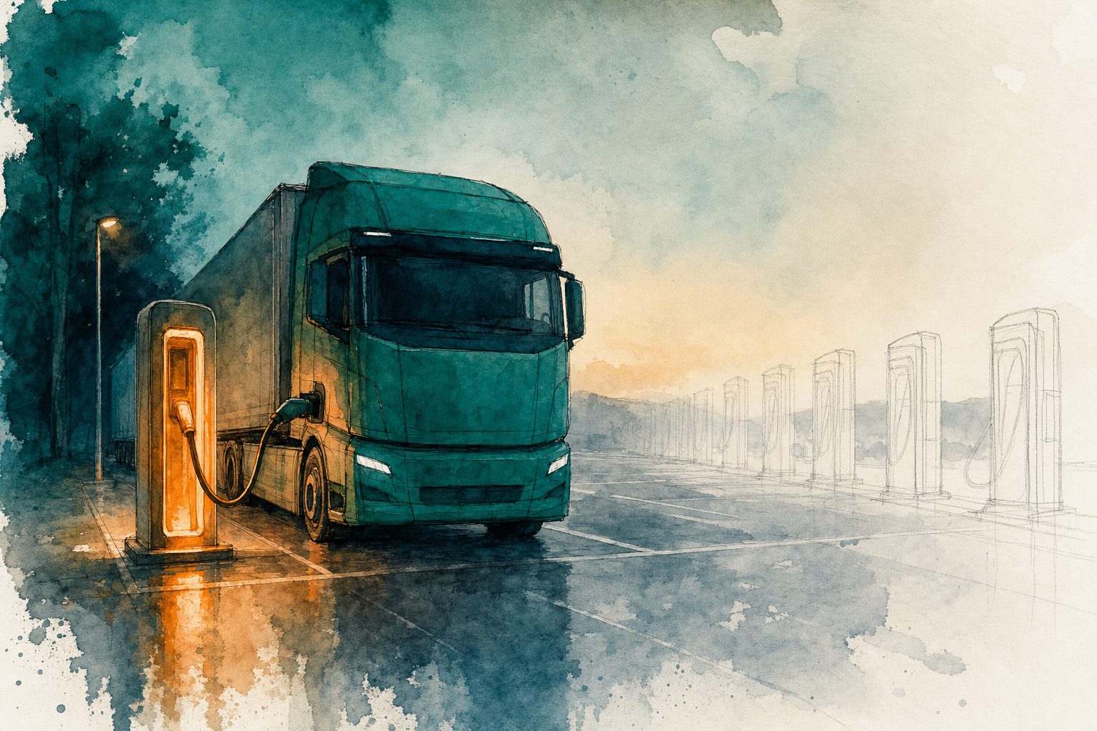 An electric truck at a single glowing charger on an empty rest area, with a row of unbuilt chargers sketched behind it