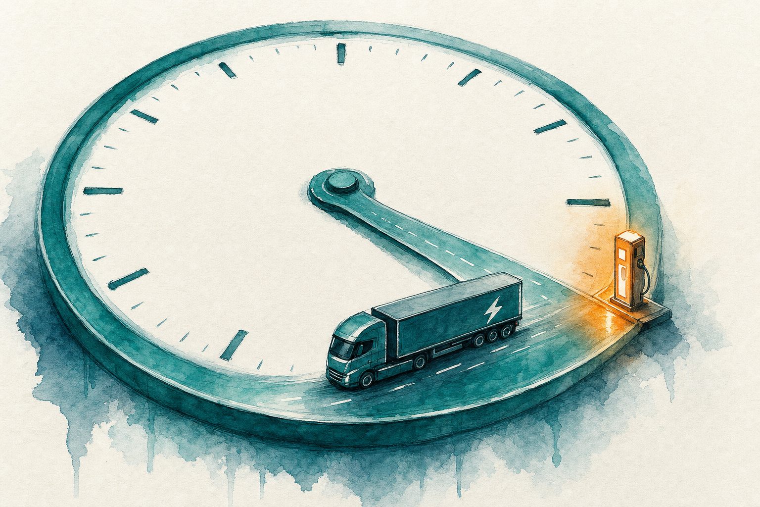 A watercolour clock face whose hand is a motorway, with an electric truck driving along it toward a single amber charger