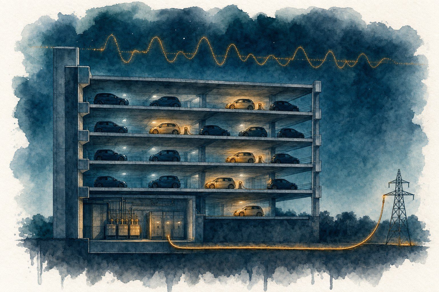 Watercolour cross-section of a multi-storey car park at night drawn as a power station, a cable running from its base to a pylon, a frequency trace across the sky