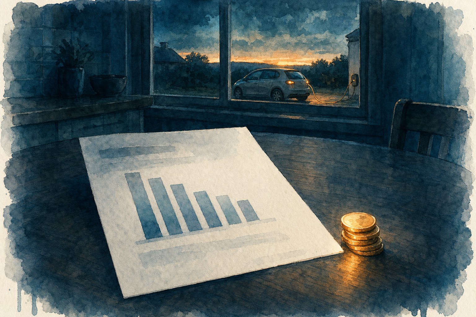 Watercolour of an electricity bill and a small stack of coins on a kitchen table, an electric car charging in the driveway seen through the window at dusk
