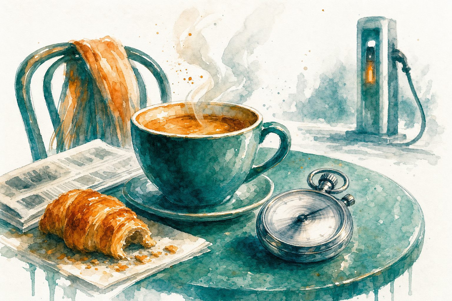 Watercolour of a café table with a steaming coffee, a croissant and an ignored stopwatch, with a charger in the background